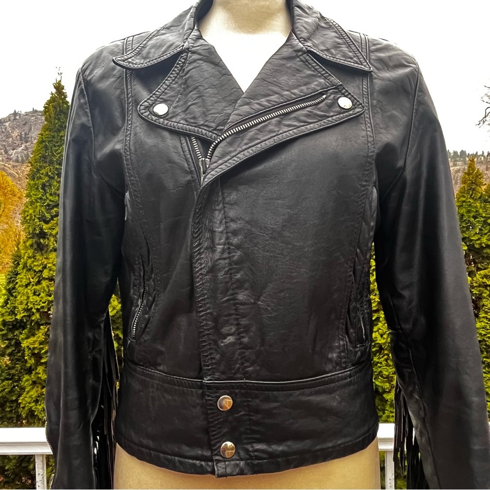 1980s Fringed Vintage Black Leather Motorcycle Jacket